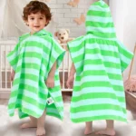 Green White Striped Kids Hooded Poncho Towel, Boy Front and Back View