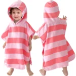 Pink White Striped Kids Hooded Poncho Towel, Girl Front and Back View