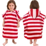 Red White Striped Kids Hooded Poncho Towel Girl Front Back View