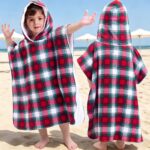 Red buffalo plaid hooded towel poncho for kids 2-4 years with white cotton terry lining, front and back view