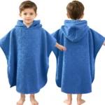 Solid Blue Embossed Kids Hooded Poncho Towel Boy Front Back View
