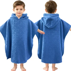 Solid Blue Embossed Kids Hooded Poncho Towel Boy Front Back View