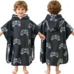 Game Controller Print Black Kids Hooded Poncho Towel Boy Front Back View