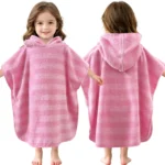 Pink Vertical Striped Jacquard Kids Hooded Poncho Towel Girl Front Back View