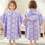 Purple Floral Jacquard Kids Hooded Poncho Towel Girl Front Back View