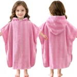Pink hooded towel poncho for kids 2-4 years, front and back view of the jacquard vertical stripe poncho towel