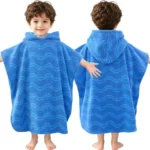 Blue hooded towel poncho for boys 2-4 years, front and back view of the wave jacquard poncho towel