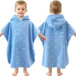 Light blue polka dot hooded towel poncho for boys 2-4 years, front and back view of the poncho towel
