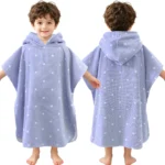 Light purple polka dot hooded towel poncho for toddlers 1-3 years, front and back view of the poncho towel