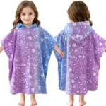 Purple and blue starfish and shell print hooded towel poncho for kids 2-4 years, front and back view