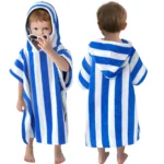 Blue and white striped hooded towel poncho for boys 2-4 years, front and back view