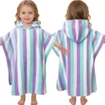 Purple, mint and white striped hooded towel poncho for kids 2-4 years, front and back view