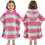 Pink and green striped hooded towel poncho for kids 2-4 years, front and back view
