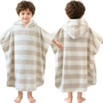 Beige and white striped hooded towel poncho for boys 2-4 years, front and back view