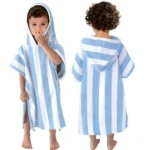 Light blue and white striped hooded towel poncho for boys 2-4 years, front and back view