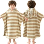 Khaki and white striped hooded towel poncho for boys 2-4 years, front and back view
