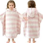 Pink and white horizontal striped hooded towel poncho for kids 2-4 years, front and back view