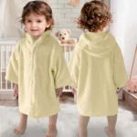 Beige hooded towel robe for babies 0-24 months with bear ears on the hood, front and back view