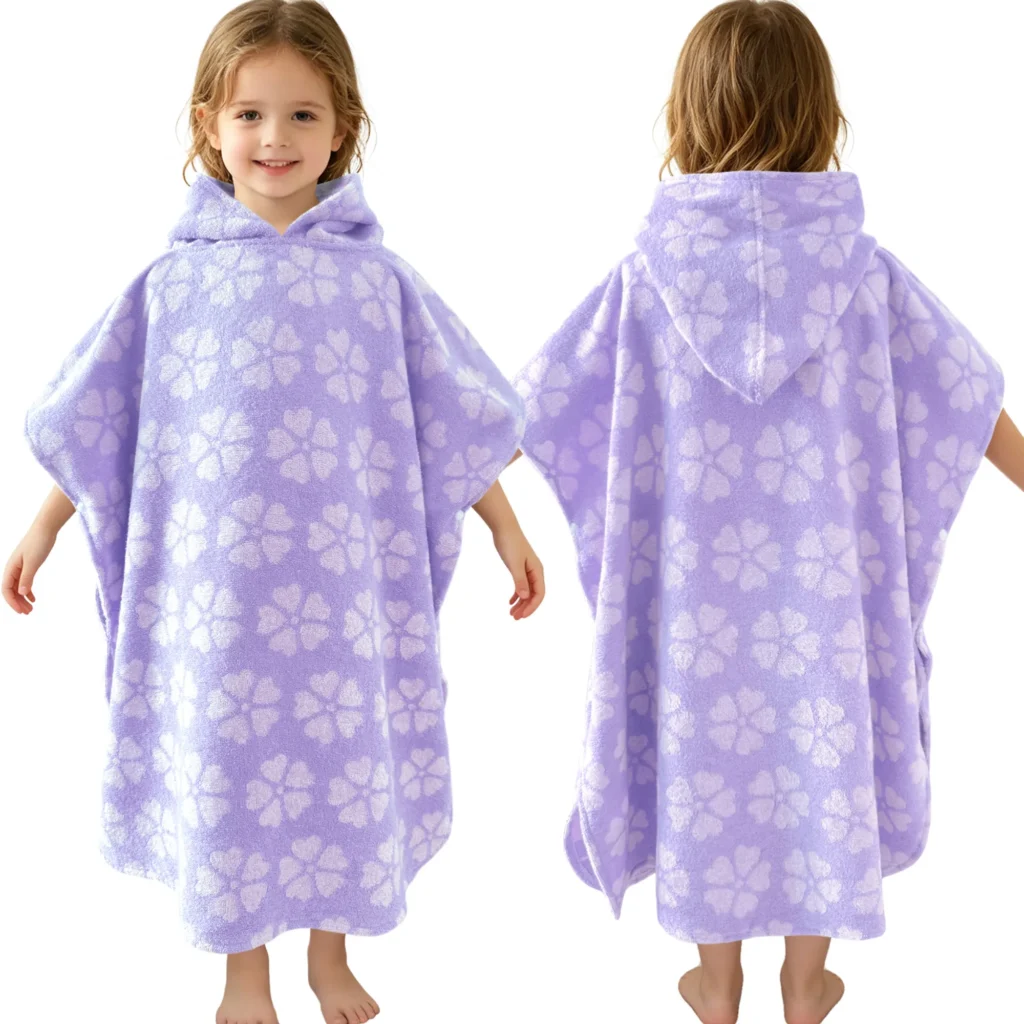 Aqua Purple Striped Hooded Cotton Poncho Towel for Kids Front and back view of an aqua and purple striped hooded cotton poncho towel for kids