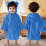 Royal blue hooded towel robe for babies 0-24 months with bear ears on the hood, front and back view