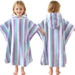 Front and back view of an aqua and purple striped hooded cotton poncho towel for kids