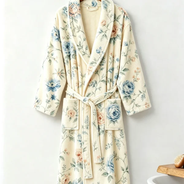 VOOVA adult 100% cotton towel robe with shawl collar in vintage floral cream