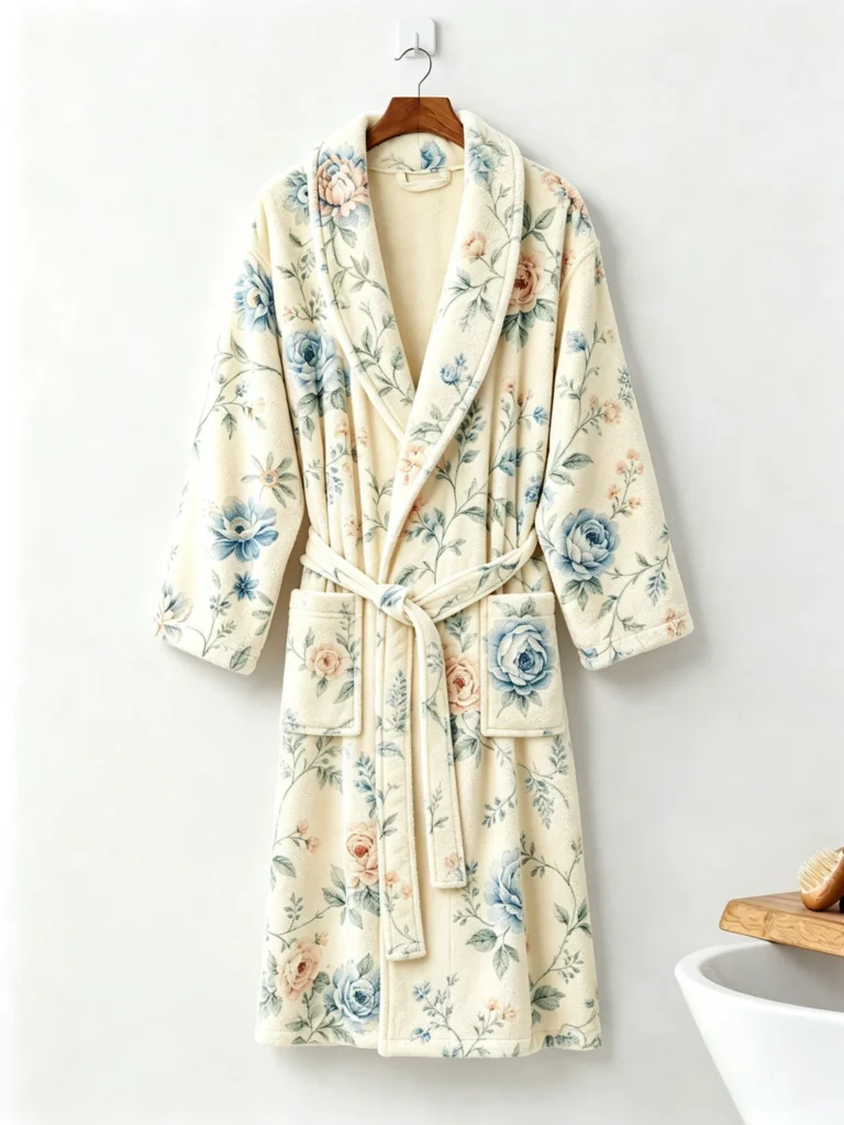 VOOVA adult 100% cotton towel robe with shawl collar in vintage floral cream