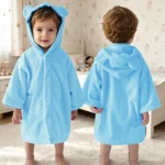 Light blue hooded towel robe for babies 0-24 months with bear ears on the hood, front and back view