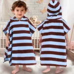 Brown and blue striped hooded towel poncho for kids 2-4 years, front and back view