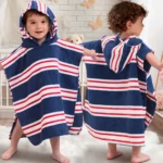 Navy Red White Striped Kids Hooded Poncho Towel, Boy Front and Back View