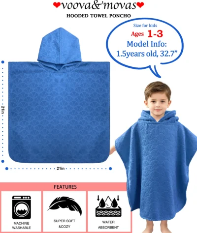 Solid Blue Embossed Kids Hooded Poncho Towel Size Chart & Features Infographic