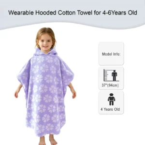 Aqua purple striped wearable hooded cotton towel shown on a child aged 4-6