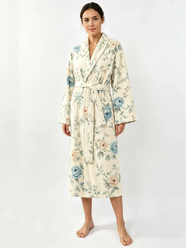 VOOVA & MOVAS  Cotton Towel Robe with Shawl Collar - Vintage Floral Cream