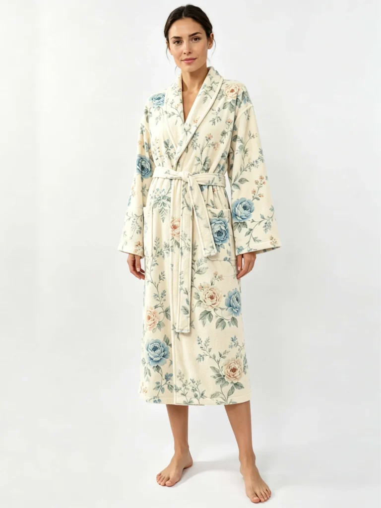 VOOVA & MOVAS Cotton Towel Robe with Shawl Collar - Vintage Floral Cream