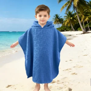 Solid Blue Embossed Toddler Hooded Poncho Towel Beach Scene
