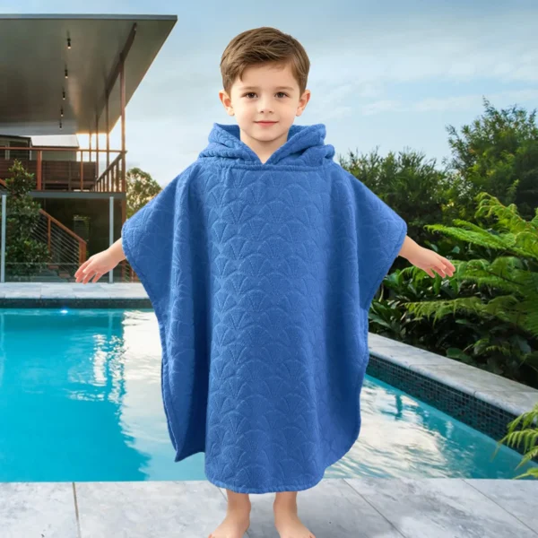 Solid Blue Embossed Kids Hooded Beach Poncho Boy Model At Swimming Pool