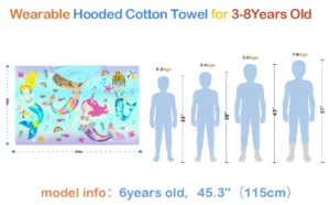Mermaid Kids Poncho Towel Bathroom Back View Back view of kid wearing mermaid hooded poncho towel in bathroom, thick cotton bath towel
