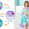 Mermaid Hooded Towel Beach Scene Girl in mermaid hooded poncho towel at beach, wearable kids pool towel outdoor photo