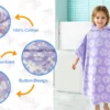 Product feature graphic showing the aqua purple striped kids poncho towel, cotton fabric, absorbency and softness