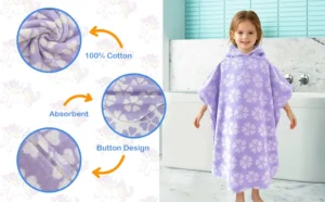 Product feature graphic showing the aqua purple striped kids poncho towel, cotton fabric, absorbency and softness