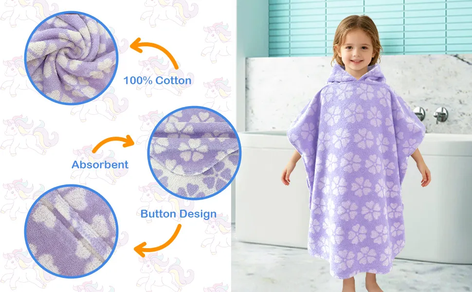 Product feature graphic showing the aqua purple striped kids poncho towel, cotton fabric, absorbency and softness