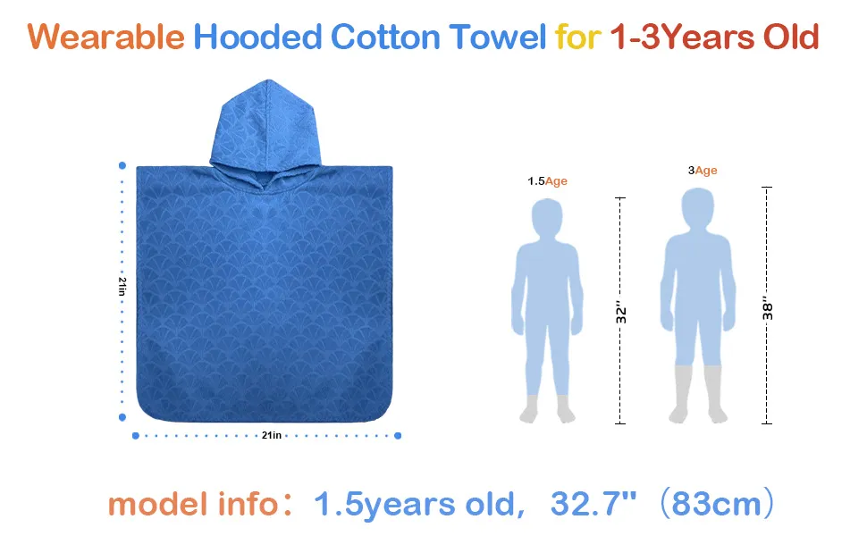 Solid Blue Embossed Kids Poncho Towel Dimension Size Chart Height Reference