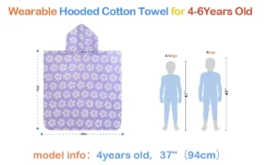 Size guide for the aqua purple striped hooded poncho towel for kids aged 4-6