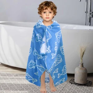 Blue Fish Toddler Bath Towel Toddler wearing a blue fish print towel after bath