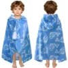 Blue Fish Toddler Wearable Towel Toddler wearing a blue fish print wearable towel, front and back view