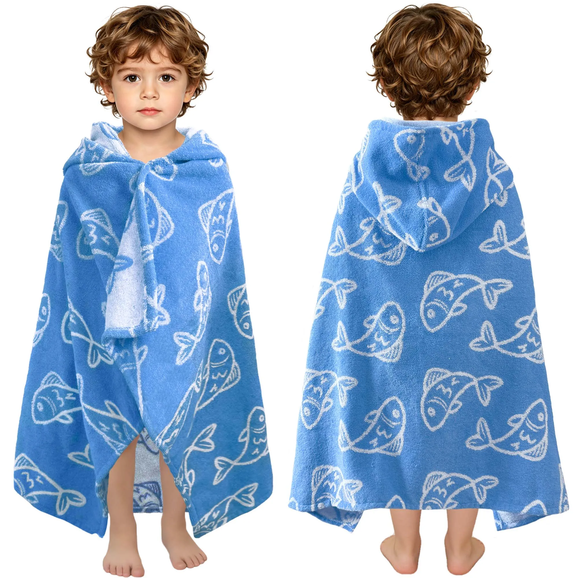 Toddler wearing a blue fish print wearable towel, front and back view