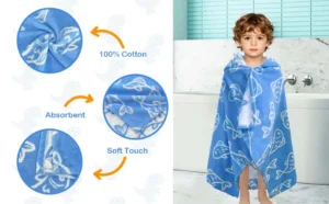 Blue Fish Towel Details Blue fish toddler towel showing fabric, hood and design details