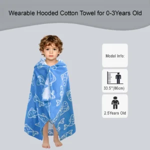 Blue Fish Wearable Towel Features Blue fish toddler wearable towel showing product features and details