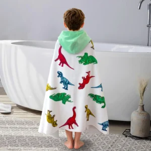 Dinosaur Kids Poncho Towel Bathroom Back View Back view of kid wearing dinosaur hooded poncho towel in bathroom, kids bath towel