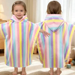 Front and back view of a colorful rainbow stripe toddler hooded towel